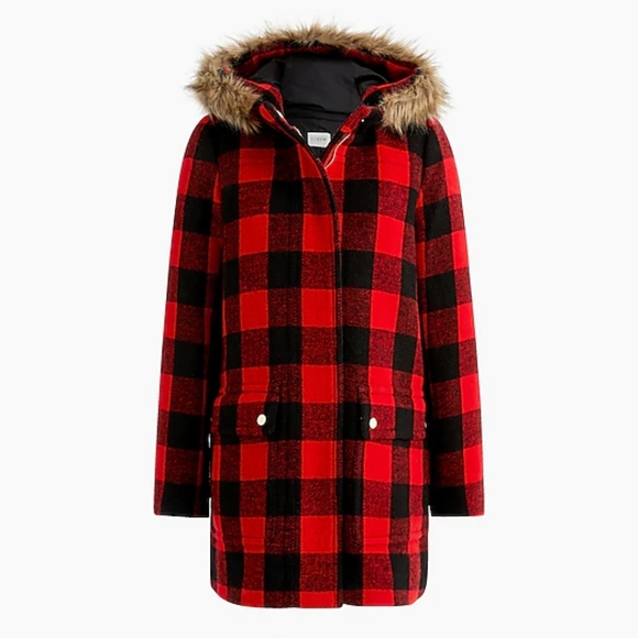New! J Crew Size 8P Vail Parka Coat Red Black Buffalo Check Plaid NWT - Picture 1 of 12